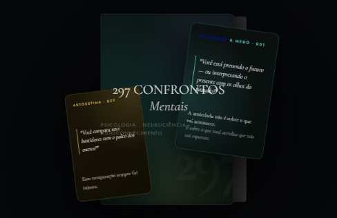 Apresentação do baralho 297 Confrontos Mentais, com capa escura e cards coloridos
